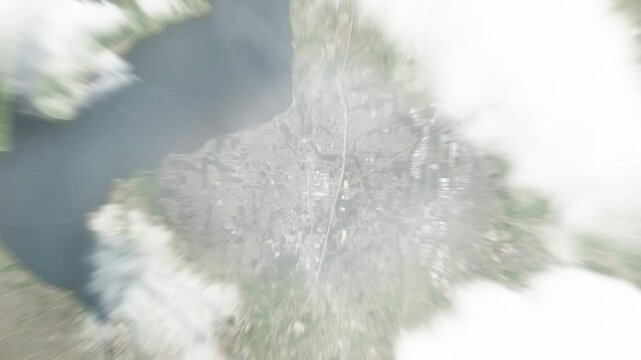 Earth zoom in from space to Federal Way, Washington, USA. Followed by zoom out through clouds and atmosphere into space. Satellite view. Travel intro. Images from NASA