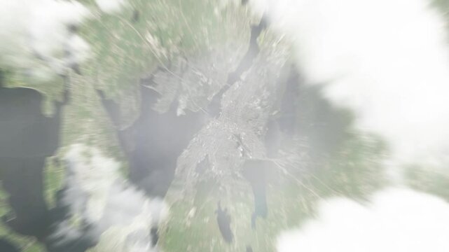 Earth zoom in from space to Fall River, Massachusetts, USA. Followed by zoom out through clouds and atmosphere into space. Satellite view. Travel intro. Images from NASA