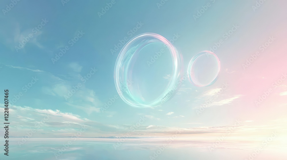 Poster ethereal soap bubbles floating in a serene sky with soft colors