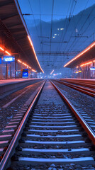 Obraz premium Empty Train Tracks Stretch into the Distance at a Modern Station Illuminated at Dusk.