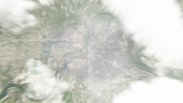 Earth zoom in from space to Fort Smith, Arkansas, USA. Followed by zoom out through clouds and atmosphere into space. Satellite view. Travel intro. Images from NASA