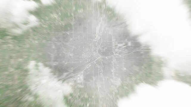 Earth zoom in from space to Flint, Michigan, USA. Followed by zoom out through clouds and atmosphere into space. Satellite view. Travel intro. Images from NASA