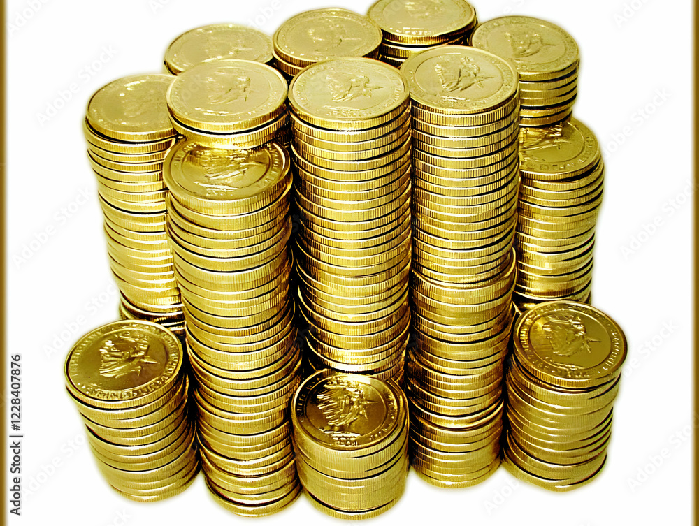 Poster stacks of gleaming gold coins create a visual representation of wealth and prosperity