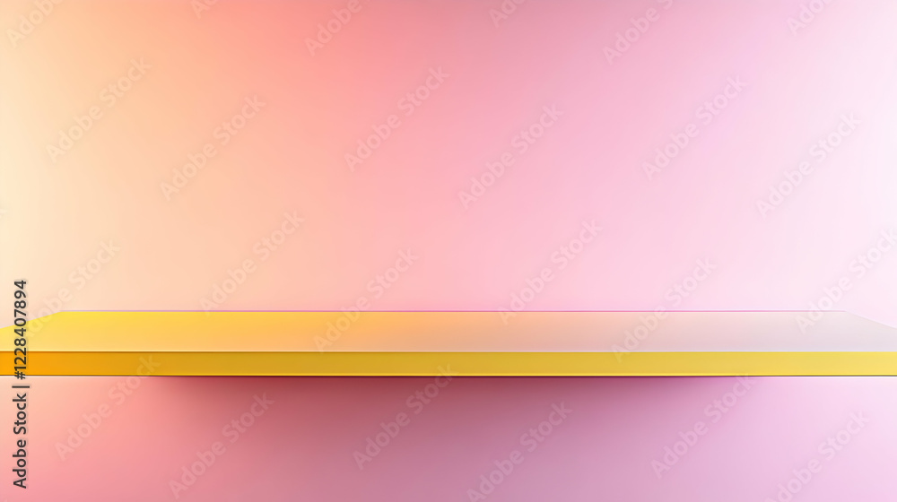 Poster empty yellow product display shelf on a gradient pink background