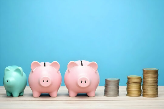 Piggy Banks and Stacked Coins symbolize Savings and Investment Growth on a Wooden Table.