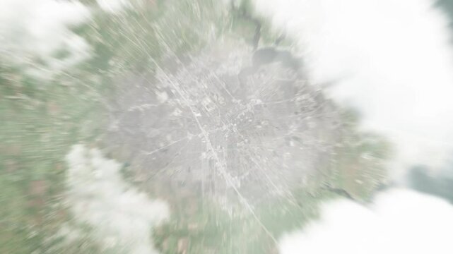 Earth zoom in from space to League City, Texas, USA. Followed by zoom out through clouds and atmosphere into space. Satellite view. Travel intro. Images from NASA