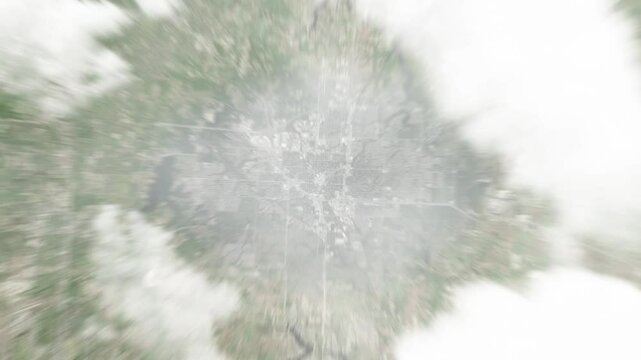 Earth zoom in from space to Aurora, Illinois, USA. Followed by zoom out through clouds and atmosphere into space. Satellite view. Travel intro. Images from NASA