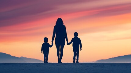 Fototapeta premium A mother and her children walking hand in hand on a beach during a vibrant sunset the warm colors symbolizing the love and togetherness between them as they enjoy a peaceful moment in nature