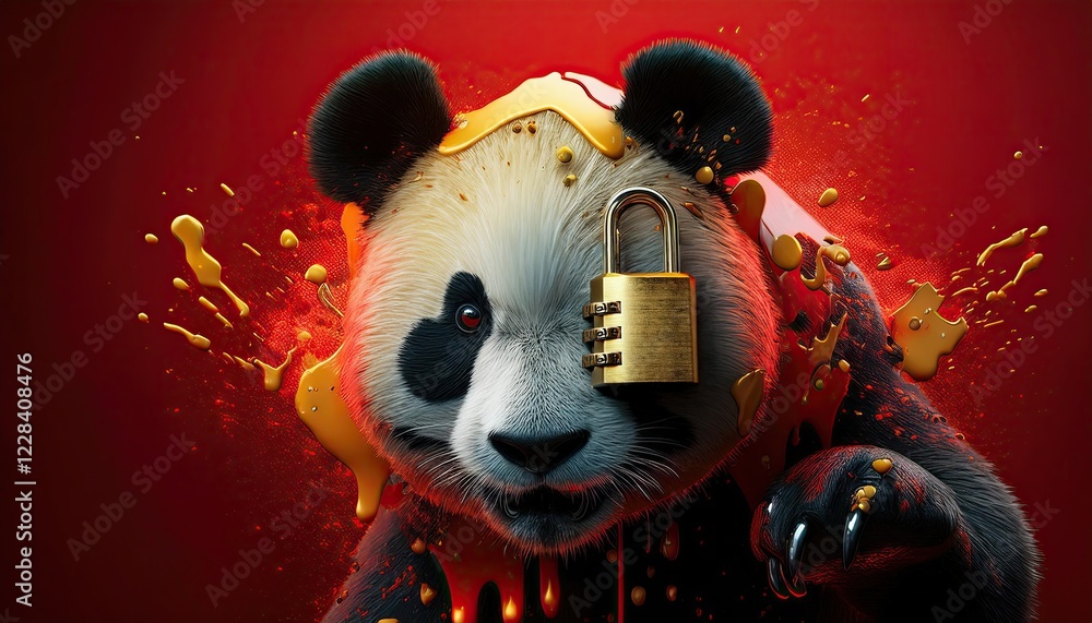 Poster panda character with lock and honey splash background