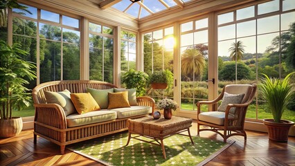 Fototapeta premium Vintage Sunroom: Wicker Furniture & Retro Decor - Cozy Background