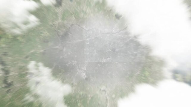 Earth zoom in from space to Newton, Massachusetts, USA. Followed by zoom out through clouds and atmosphere into space. Satellite view. Travel intro. Images from NASA
