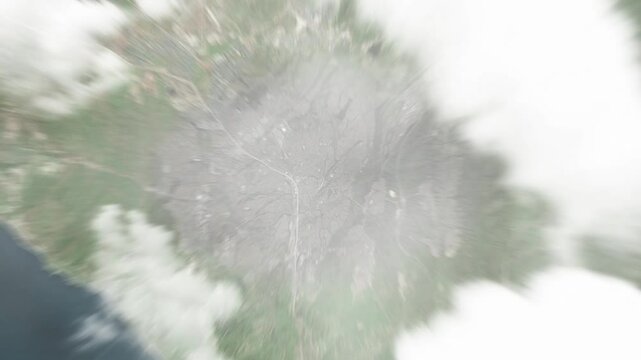 Earth zoom in from space to Mission Viejo, California, USA. Followed by zoom out through clouds and atmosphere into space. Satellite view. Travel intro. Images from NASA