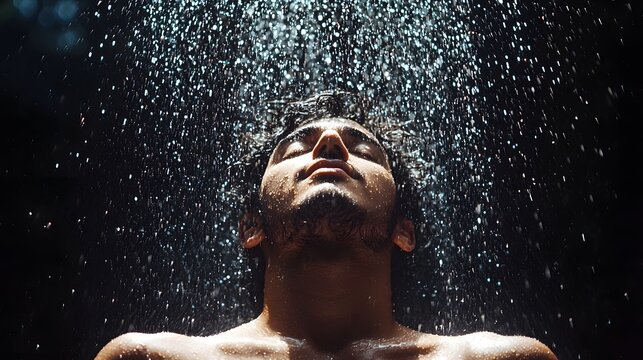 A serene and refreshing scene of a person silhouetted against a backdrop of sparkling water droplets evoking a moment of tranquility vitality and rejuvenation in the natural world