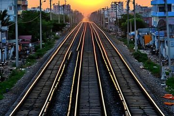 Fototapeta premium Four parallel train tracks converge at sunset towards a distant vanishing point with surrounding buildings.