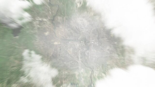 Earth zoom in from space to Redding, California, USA. Followed by zoom out through clouds and atmosphere into space. Satellite view. Travel intro. Images from NASA