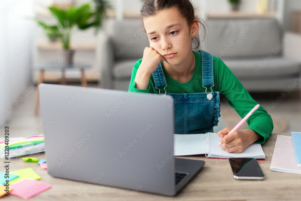 Poster children education. bored student tired of learning doing homework using pc looking at laptop screen