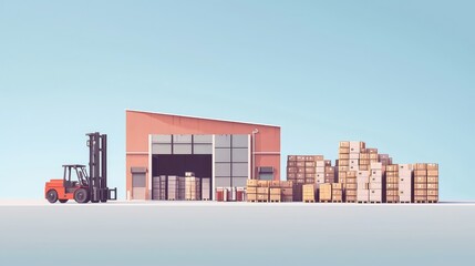 Modern Warehouse with Forklift and Stacked Wooden Crates