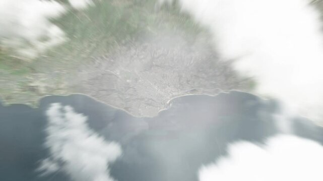 Earth zoom in from space to Santa Barbara, California, USA. Followed by zoom out through clouds and atmosphere into space. Satellite view. Travel intro. Images from NASA