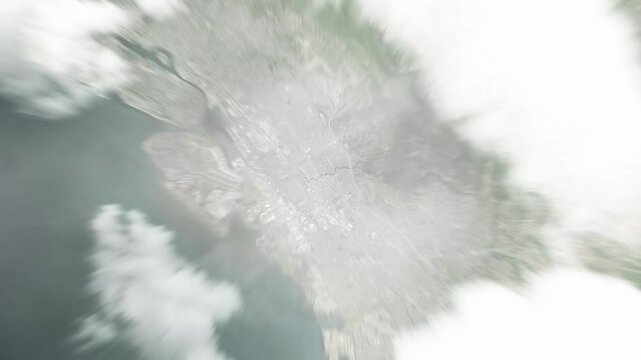 Earth zoom in from space to San Leandro, California, USA. Followed by zoom out through clouds and atmosphere into space. Satellite view. Travel intro. Images from NASA