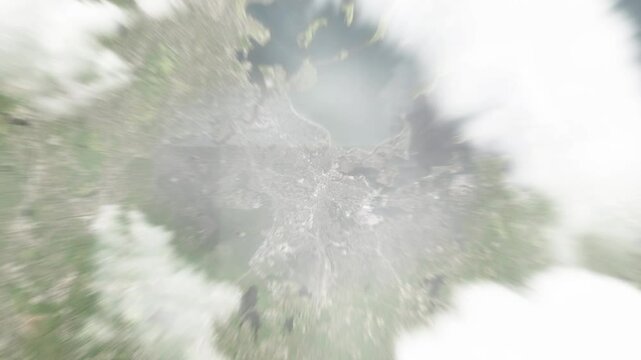 Earth zoom in from space to Quincy, Massachusetts, USA. Followed by zoom out through clouds and atmosphere into space. Satellite view. Travel intro. Images from NASA