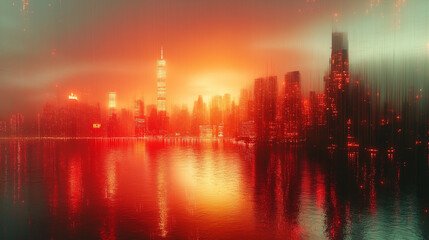 A city skyline with a red sun in the background