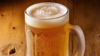 Frosty glass of golden beer with foamy head resting on a rustic wooden surface, creating a refreshing and inviting atmosphere.