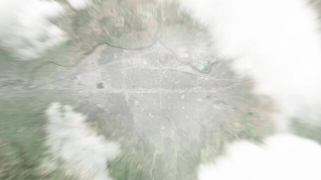 Earth zoom in from space to Spokane Valley, Washington, USA. Followed by zoom out through clouds and atmosphere into space. Satellite view. Travel intro. Images from NASA