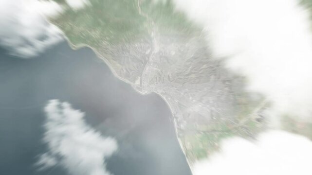 Earth zoom in from space to Ventura, California, USA. Followed by zoom out through clouds and atmosphere into space. Satellite view. Travel intro. Images from NASA