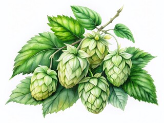 Obraz premium Vintage Watercolor Hop Cones & Leaves Botanical Illustration