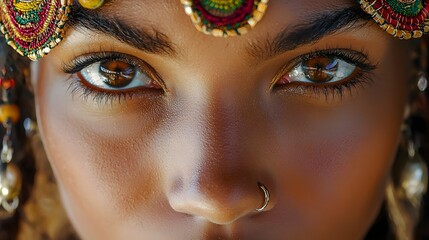 Captivating close up portrait of a woman s face adorned with ornate traditional jewelry highlighting the beauty and cultural diversity of women around the world on International Women s Day