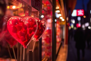 Naklejka premium Bright red heart-shaped candies displayed at night in a bustling city