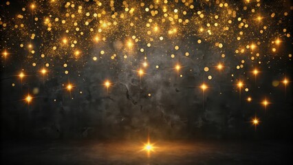 Mysterious darkness with scattered golden lights in a textured abstract black background, gold, dark