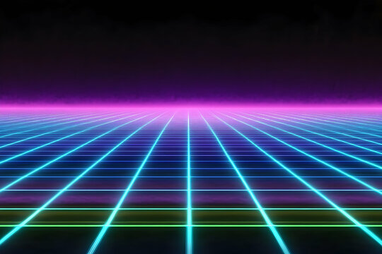 Retro Futuristic Grid Landscape stretches into the distance under a vibrant neon sky, creating a captivating digital art piece.