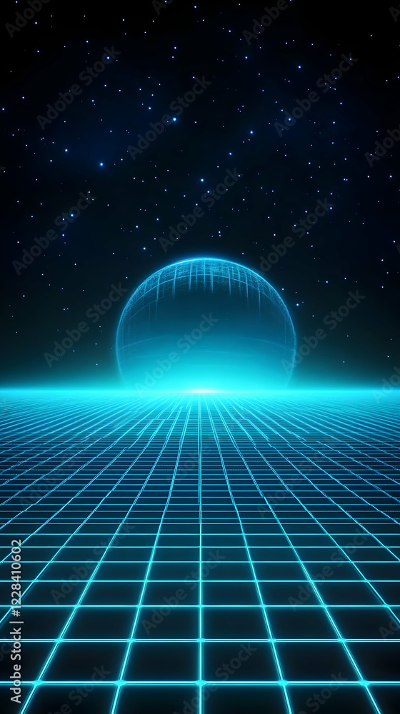 Poster retro futuristic background with glowing grid and planet under starry sky.