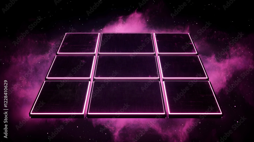 Poster 3d render of nine glowing panels forms a grid in a nebula background with stars