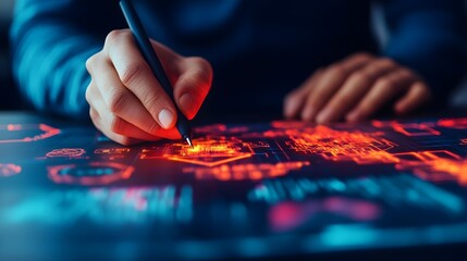 Close up shot of hands sketching branding concepts glowing logo designs and vibrant competitor visuals layered in a modern creative digital setup with neon colors technology