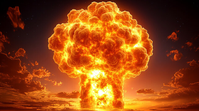 A mushroom cloud rising from a nuclear explosion symbolizing immense destructive power and nuclear warfare, minimalistic design with a bright tone and blurred background space for captions