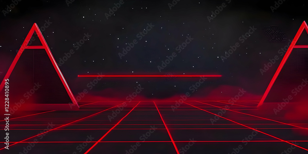 Aufkleber red laser beam illuminates triangular structures in a dark, starry sky with grid floor