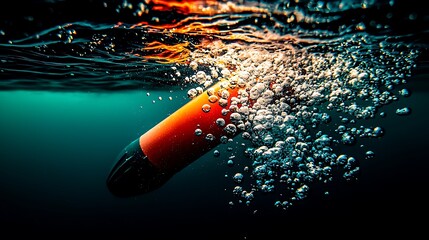 Underwater orange buoy rising, bubbles, dark water, oceanographic research