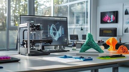 Close up view of a 3D printer creating a mathematical or geometric model in a modern technology driven creative workspace or office setting