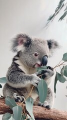 Obraz premium Koala Eating Eucalyptus Leaves on a Branch in Natural Setting