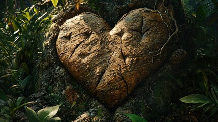 Heart-Shaped Mark on Tree Bark Surrounded by Lush Greenery