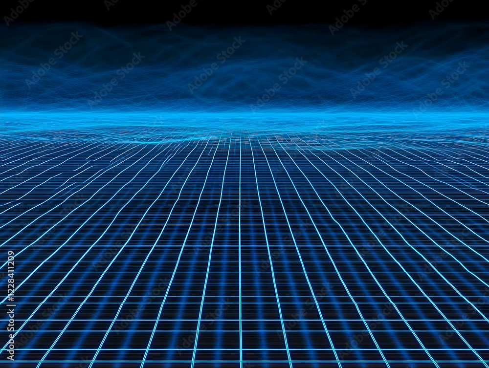 Poster abstract blue grid background creates a dynamic digital landscape with perspective lines.