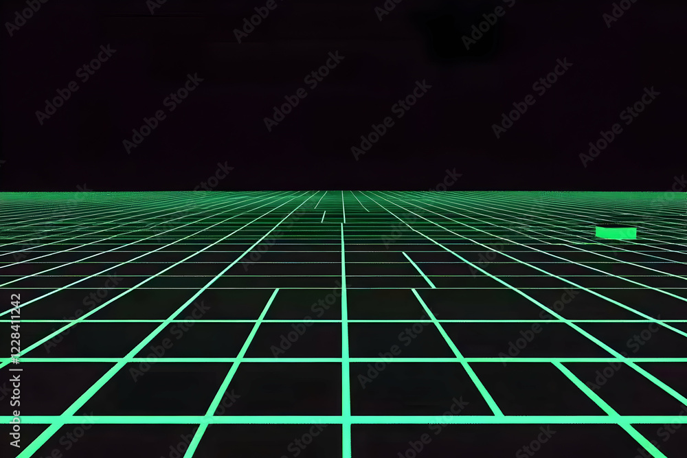 Poster green grid on a dark background creates a retro futuristic abstract illustration with a single cube