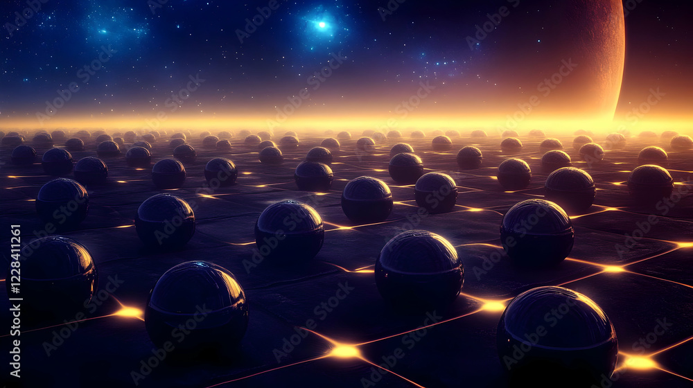 Poster reflective spheres arrayed on grid under alien sky with planet and stars