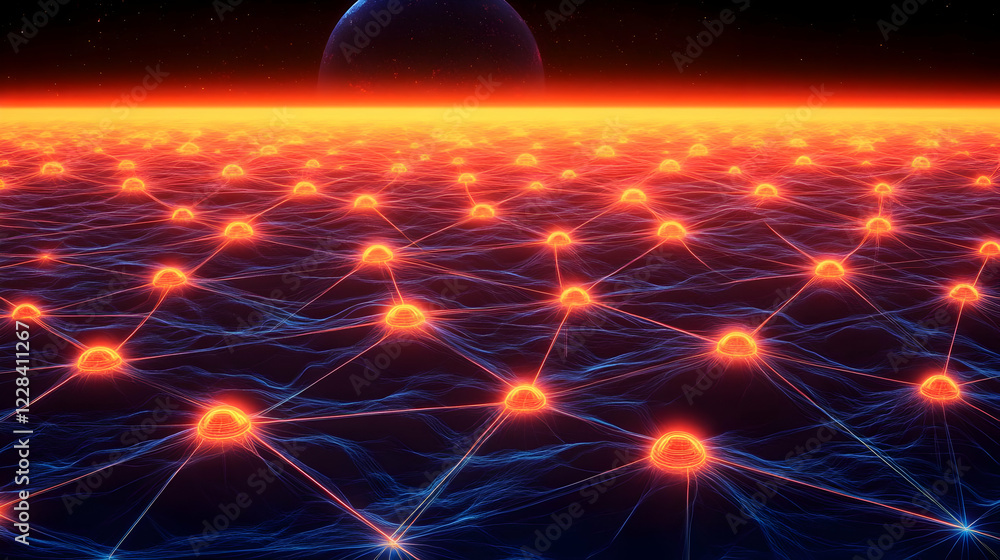 Poster interconnected nodes form a network across a fiery landscape beneath a distant planet