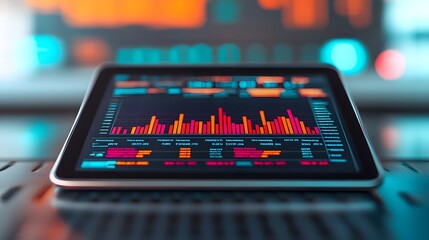 Obraz premium Close up view of a tablet device displaying a sleek futuristic interface with glowing trendlines segmented strategy layers