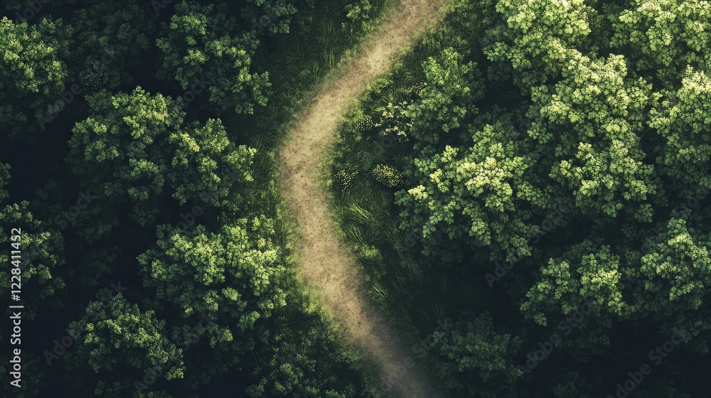 Aufkleber aerial view of a winding path through a lush green forest with sunlight filtering through trees