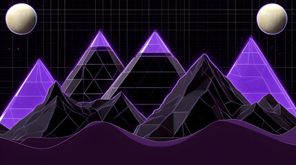 3D Abstract Neon Landscape with Pyramids and Moons on a Grid Background