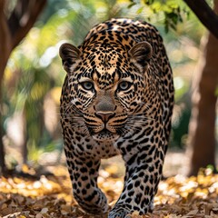 Obraz premium Majestic Leopard Stalking Through Sunlit Forest Landscape Surrounded by Autumn Leaves in Lush Greenery, Capturing Wild Beauty and Nature's Splendor at Dawn